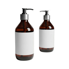Two amber glass pump bottles with blank white labels side by side product photography transparent background