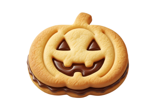 Halloween pumpkin cookie with chocolate filling isolated on transparent background