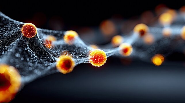 A close-up, abstract view of interconnected glowing orange spheres forming a network or chain against a dark, blurred background.