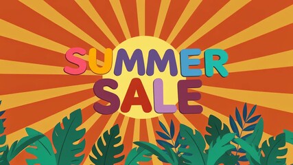 Bright and colorful SUMMER SALE text glows with radiating sunbeams and lush tropical foliage in the foreground, conveying a festive and exciting promotional mood.
