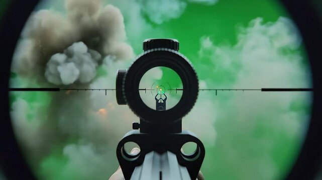 A close up view of a sniper scope aiming with a muzzle flash and green background visible through it