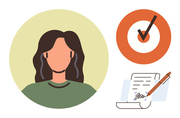 Female avatar, signed document with pen, orange checkmark in target circle. Ideal for career, goal setting, achievements, accountability, agreement, personal development simple flat metaphor