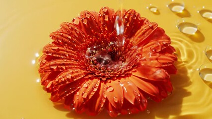 An orange gerbera daisy on a mustard yellow surface as water cascades in slow motion, creating ripples & glistening droplets. Macro overhead video with shallow depth of field. Serene purity concept - Powered by Adobe