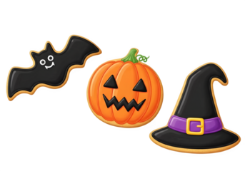 Halloween bat pumpkin and witch hat cookies isolated on transparent background