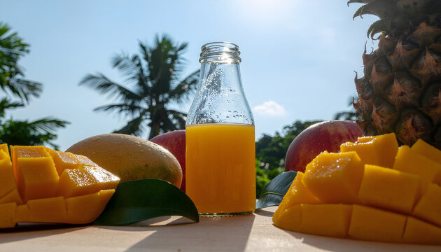 Refreshing mango juice bottle with tropical fruits outdoors on bright day