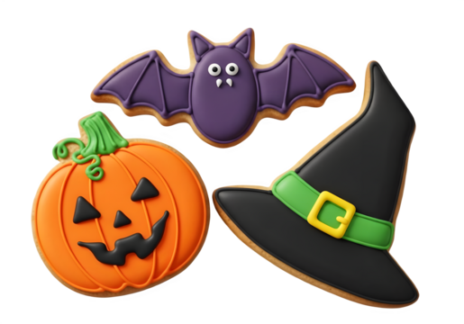 Halloween cookies shaped like a bat pumpkin and witch hat isolated on transparent background