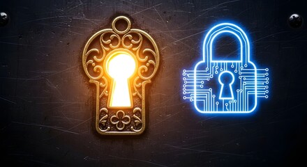 Cybersecurity concept with keyhole and digital padlock for data protection and network security