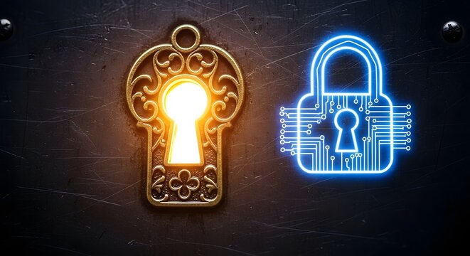 Cybersecurity concept with keyhole and digital padlock for data protection and network security