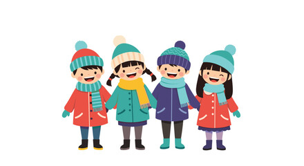 Four cheerful children bundled in colorful winter hats, scarves, and coats, happily holding hands and smiling.