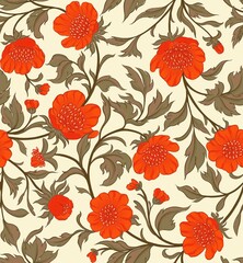 Fototapeta premium Elegant seamless botanical pattern featuring stylized bright orange poppies/anemones, vines, and khaki leaves. A lush, rhythmic design reminiscent of Arts and Crafts style for sophisticated textiles