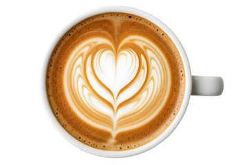 Overhead view of a latte with heart art isolated on transparent background