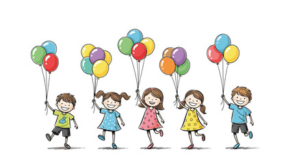 Fototapeta premium A whimsical illustration of five happy children, two boys and three girls, holding colorful balloons and moving with joyful energy against a clean white backdrop.