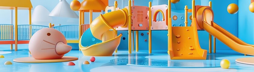 3D model of a pop art-inspired playground, combining bold colors, abstract shapes, and imaginative design elements to create a fun and engaging space for children