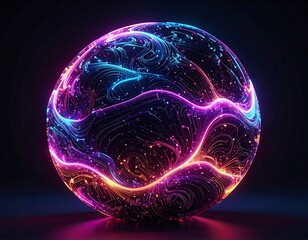 A glowing, ethereal sphere in vibrant neon colors, with flowing energy trails and a dark background