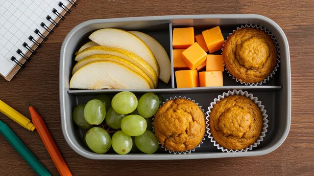Bento box transformation: fresh pears, cheddar, grapes, and tarts in creative lunch arrangement