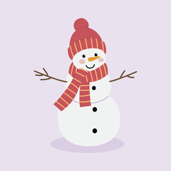 Cute hand drawn snowman in red hat and scarf, winter holiday illustration