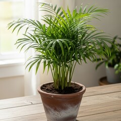 Fototapeta premium Lush green parlor palm plant in a terracotta pot on a wooden surface
