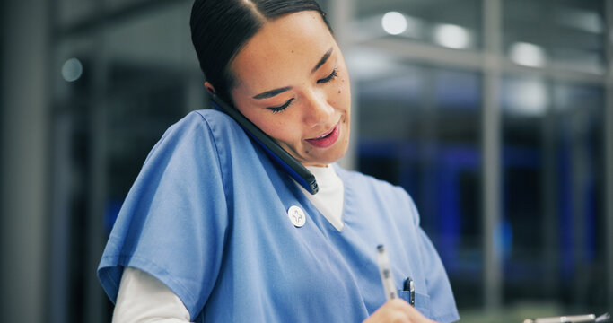 Phone call, writing and nurse or woman in hospital for ward clerk, icu emergency and medical records at night. Healthcare administration, surgery schedule and contact with person for overtime