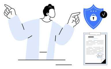 Person pointing towards a shield with a lock and a verification badge, accompanied by a clipboard with a signed document. Ideal for cybersecurity, trust, approval, contracts, privacy, consent