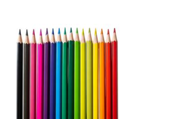 Colorful row of sharpened pencils aligned neatly on transparent background