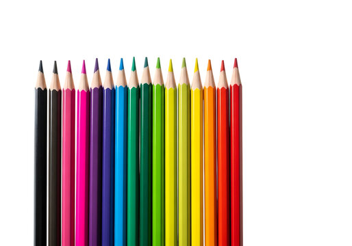 Colorful row of sharpened pencils aligned neatly on transparent background