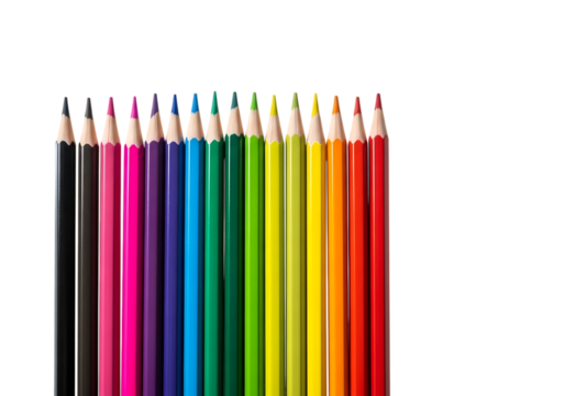 Colorful row of sharpened pencils aligned neatly on transparent background