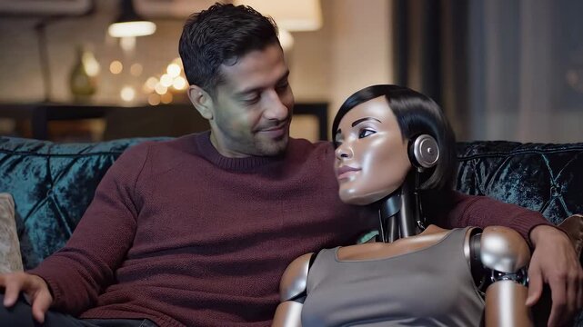 A man relaxes at home in a stylish living room, sharing a cozy moment with a lifelike robot companion. They engage in what seems like a heartfelt conversation.