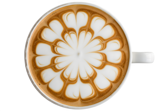 Top view of a latte with intricate flower pattern art isolated on transparent background