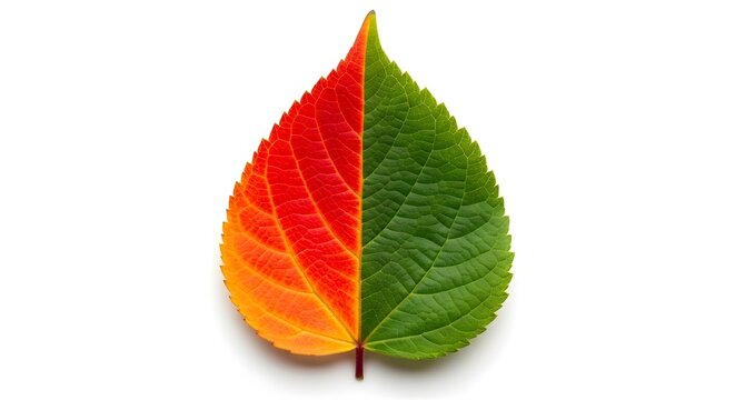 Autumn leaf half green half red isolated on white background seasonal fall foliage nature closeup photo