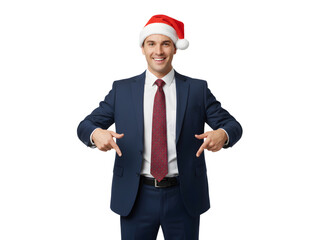 Happy businessman in santa hat pointing downwards on white background