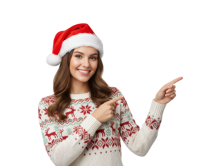 Smiling woman in santa hat and christmas sweater pointing to side on white background, png