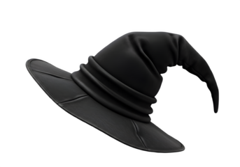 Black witch hat with pointed top and brim isolated on transparent background