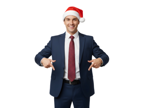 Happy businessman in santa hat pointing downwards on white background