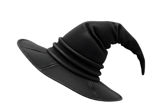 Black witch hat with pointed top and brim isolated on transparent background - Powered by Adobe