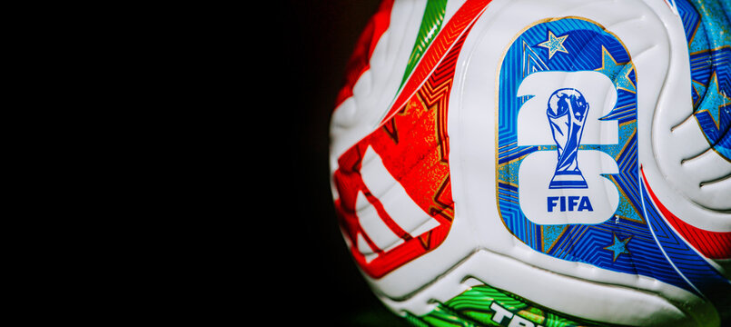 Panorama format wallpaper for FIFA World Cup 2026. Logo on Trionda match ball &mdash; soccer event across USA, Mexico, and Canada. Black edit space