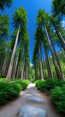 Obraz premium Peaceful Stone Path Through a Lush Conifer Forest Under a Bright Blue Sky with Green Foliage and Tall Trees