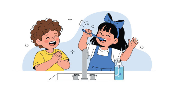 A happy little girl with a blue bow brushes her teeth at the sink while a smiling boy claps next to her during a fun morning routine.