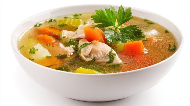 Homemade chicken soup with fresh vegetables in white bowl