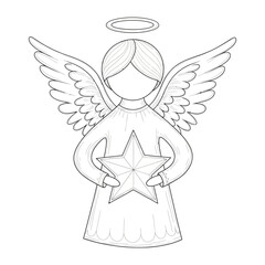 Celestial Messenger: A line art illustration depicts a serene angel with graceful wings, a halo, and holding a radiant star, conveying a message of hope.