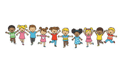 Fototapeta premium A cheerful group of diverse children happily runs and jumps together in a vibrant display of friendship and joy.