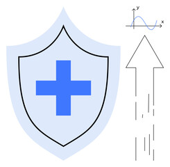 Fototapeta premium Blue medical shield with cross, dynamic growth arrow, and analytical graph. Ideal for healthcare, safety, progress, protection, data analysis innovation achievement. Simple flat metaphor