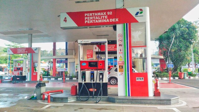 at Pertamina Indonesia gas stations, there are several dispenser machines with various fuels on June 30, 2024 in Bandung, Indonesia
