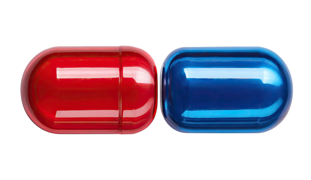 Two pills, red and blue, side by side
