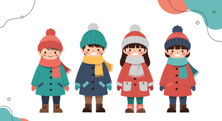 Fototapeta premium Four happy young children wearing colorful warm winter clothes, including hats, scarves, and coats, stand cheerfully against a bright background.
