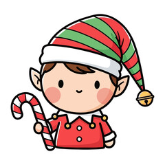 Cute Christmas Elf with Candy Cane: A charming Christmas elf with rosy cheeks and pointed ears holds a candy cane, ready to spread holiday cheer and festive joy.