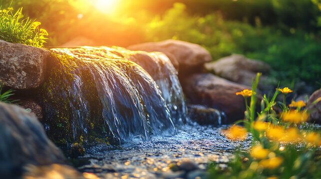 Peaceful waterfall flowing over rocks, vibrant sunny nature background for meditation