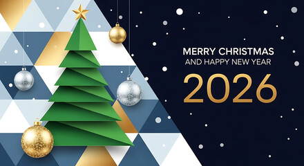 Stylized Christmas Tree with Ornaments and Snowflakes on Blue Background for Festive Holiday Greeting 2026, 4K image 