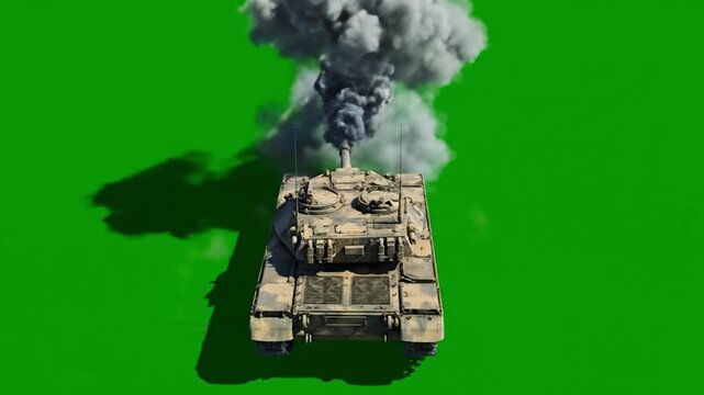 Aerial view of a military tank with camouflage pattern on a green screen background for compositing use
