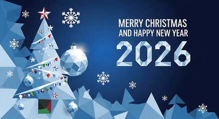 Geometric Christmas Tree with Ornaments and Snowflakes on Blue Background for Festive Holiday Greeting 2026, 32K Revolution 