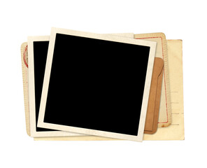 Two retro photo, vintage envelope and cards. Old card, blank photo. Isolated on white. Nostalgic scrapbooking mockup template is perfect way to express creativity and evoke a sense of warm memories
